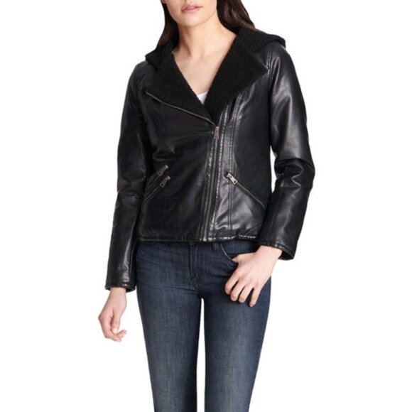 NWT Levi's Faux Leather Black Hooded Fleece Lined Motorcycle Jacket Womens Small - Picture 1 of 5